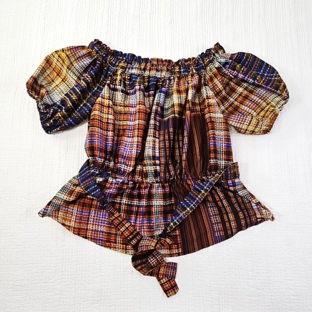 Cato Cold Shoulder Boho Blouse XL Jewel Tones‎ Puff Sleeves Belted EUC Fairycore